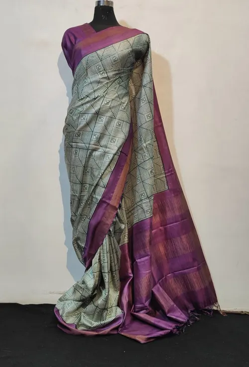 Pure Handloom Tussar Silk Saree with Hand Block & Digital Print – Silk Mark